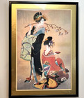 Vintage Japanese Silk Embroidery Fabric Art Geisha Maiko Cherry Blossom 78x57cm