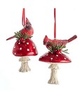  Red Cardinals On Mushrooms Ornaments  Set Of 2 Toadstool   Birds Woodland 