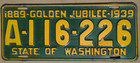 Washington 1939 License Plate Golden Jubilee King County Original
