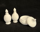 Vintage Fenton White Hobnail Powder Jar   Perfume Bottles 3 Piece Vanity Set 