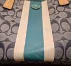 Coach Signature Stripe Zip Tote Blue Teal Beige Double Handles Silver
