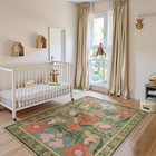 Washable Green Floral Rug 5x7 Cottagecore Nursery Soft Boho Flower Non-slip