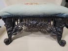 Antique Victorian Cast Iron Footstool Needlepoint Top Ornate Roses Nice 