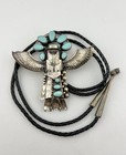 Vtg 4  Navajo Sterling Silver Turquoise Coral Winged Eagle Kachina Bolo Tie 72g