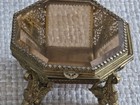 Vintage  Ormolu 8 Sided Octagon Casket Tufted Jewelry Box Amber Beveled Glass