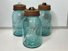 Lot 3 Vintage Antique 20s 30s Ball Perfect Mason Jars Aqua Blue Quart Zinc Lids