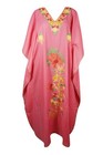 Women   s Pink Floral Embroidered Caftan     Handcrafted Boho Cotton Maxi Dress L-3x