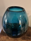 Vintage Signed Mdina Malta Art Glass Vase 9  - Teal Blue Splatter Pattern 7651