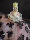 Palma Vintage Handmade Half Doll Pin Cushion Porcelain Top Lace Beaded Dress