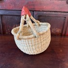 African Ghana Bolga Hand-woven Market Basket With Leather Handle 