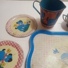 Vintage Ohio Art 1950s 13 Piece Set Tin Litho Child s Tea Set Girl W  Puppy Dog