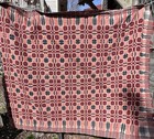 Antique  Jacquard Woven Wool Coverlet 64 x80  Red Pink Black Blue White