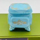 Westmoreland Blue Satin Milk Glass Footed Trinket Box Gold Floral Beaded Lid