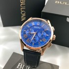 Bulova Men s Classic Wilton 97b170 Blue Dial Leather Chronograph Watch 45mm