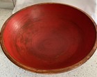 Antique Out Of Round Turned Wood Chopping Bowl Old   Red Paint Estate Find