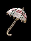 Vintage Mother Of Pearl Umbrella Brooch Hat Pin Gold Tone Plaid Mop 1970   s