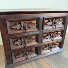 Vintage Carved Jewelry Chest  Trinket Dresser Box With 6 Drawers   1970s Fabric