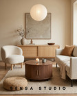 Modern Round Coffee Table With Storage Fluted Wood Accent Table Sliding Doors