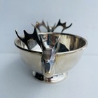 Vintage Round Pedestal Bowl With Deer Buck Stag Head Antlers Handles Metal
