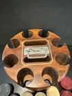 Vtg 156 Clay Poker Chips  Wood Caddy Lazy Susan 8 Sections Card Slots