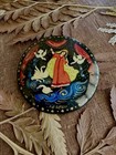Handmade Round Wooden Brooch Pin Multicolor Swan Russian Folk Art