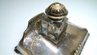 Ornate Antique Silver Plate Ornate Stand Holder W Crystal Inkwell Ink Well