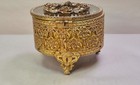 Vintage Gold Tone Filigree Metal Footed Trinket Jewelry Box 3  Tall X 4  Round