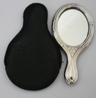 Vintage Miniature Marked 925 Sterling Silver Hand Held Mirror   Leatherette Case