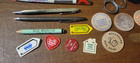 Junk Drawer Lot - Wooden Nickels  Charlie Brown  Tropicana Dice  Vintage Pens