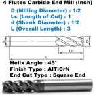 5 Pcs 1 2  4 Flutes Square 45   Helix Carbide End Mill Bits Alticrn Coated Hrc 50