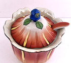 Japan Sugar Bowl With Lid  Petal Shape  Underplate And Spoon Hand Painted