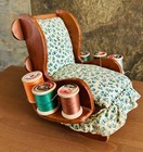 Vintage Pin Cushion Wooden Rocking Chair 6 Spool Holders Fabric Cushion 6  