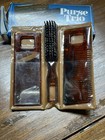 Vintage 1980 Comb Brush Mirror Purse Set Tan Storage Case Faux Tortoise Travel