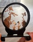 Vintage Miniature Chinese Cork Art Diorama Hand Carved In Glass Case Cranes