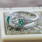 Art Deco Vintage Round Cut Moissanite   Emerald 14k White Gold Engagement Ring