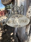 Garden Welcome Metal Swivel Spin Sign Cast Iron Antique Rustic White Heavy Duty
