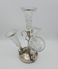 Art Nouveau 4 Crystal Trumpet Vases Centerpiece English Epergne Antique Patina