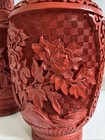 Red Cinnabar Hand Carved Chinese Lacquer Vase Pair Brass Blue Enamel Inside