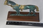 Vintage Metal Green And Gold Tone Western Horse Flat On Wooden Stand