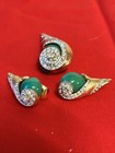 Vintage Gold Tone Textured Shell Brooch W  Matching Green Stone Clip Earrings