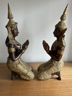 Vintage Thai Bronze Brass Kneeling Wai Temple Guardian Statues Pair Asian Decor