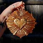 6in Starry Sacred Heart Ex Voto Ornament  Antiqued Gold Flaming Heart Milagro