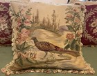 Vtg Handwoven Aubusson Needlepoint Pillow Pheasant Floral Fringe Feather Insert