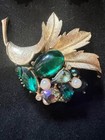 Vtg Art Green Glass Rhinestone Brooch Clip Earrings Set Arthur Pepper 1960s