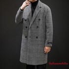 Mens Grid Wool Blend Loose Jackets Lapel Overcoat Mid Length Trench Coat Winter