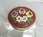 Vintage Italian Micro Mosaic Trinket Pill Box  Flowers On Red Background 2 