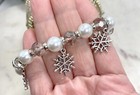 Snowflake Bracelet Christmas Charm White Silver Glass Beaded Stretch Bracelet