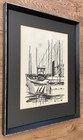 Vintage Ilwaco Framed Matted Pen Ink Drawing   21  X 17    Fishing Boats   1973
