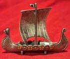 Vintage Norway Pewter Mini Viking Sail Ship With Enamel Inlayed Shield Lists