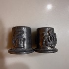 Pair Of 2 Heavy Pewter Thimbles Raised Crown Crest Relief Design Vintage